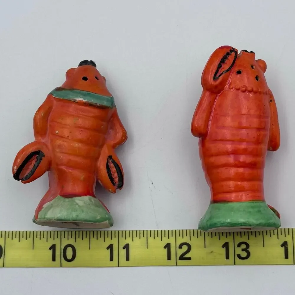 VTG Anthropomorphic Lobster Couple Salt & Pepper Shakers Set Orange MCM Japan